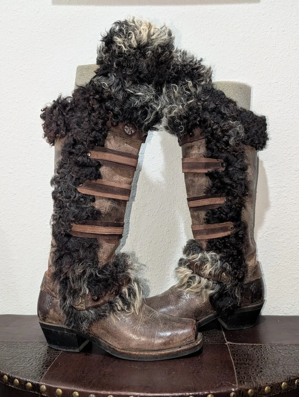 ​🔥FRYE One-of-a-Kind Custom Reworked 15R Tall Harness Boots Sheep Fur Burner 9